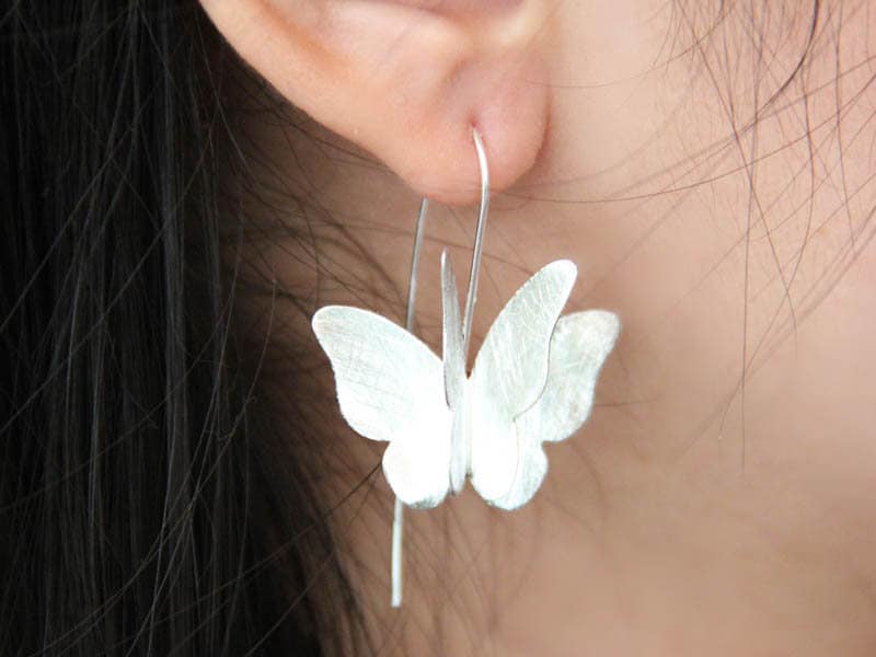 Wholesale 1/3 PCS pcs Butterflies Butterfly Wing Moth Matte Earrings Silver Fairy Wing Insect Wing Sterling 925 Dangle Jewellery Ear Jacket