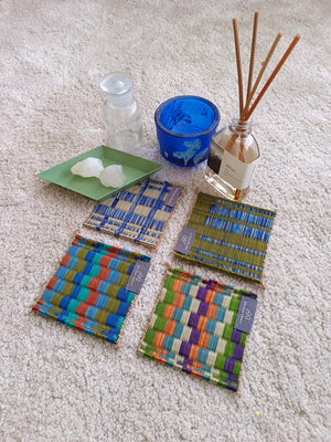 Wholesale set of 10/ 40 Emerald navy Handwoven Handmade Sedge Coaster 4"x4"- Stripe Tones Gift Set