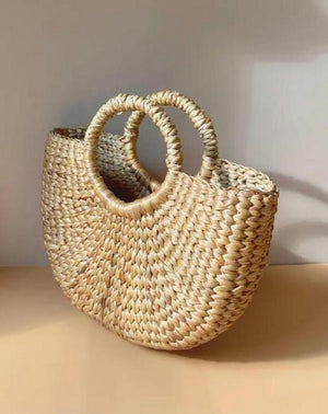 Semi-Circle Market Bag - Handmade Boho Water Hyacinth Tote Spring Shopper - Natural