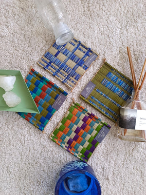 Wholesale set of 10/ 40 Emerald navy Handwoven Handmade Sedge Coaster 4"x4"- Stripe Tones Gift Set