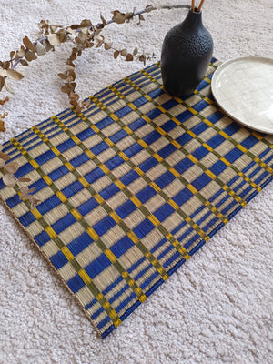 Wholesale set of 2/ 12 Checkered navy yellow Handwoven Eco-Friendly Woven Placemat - Midnight Stripe Rain 11.8x17.7 inches