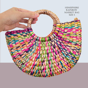 Wholesale 1/ 3 PCS- Random Rainbow Handmade Boho Water Hyacinth Semi-Circle Tote Bag Handbag Market Bag Spring Shopper, Limited edition